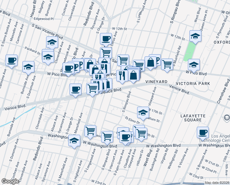 map of restaurants, bars, coffee shops, grocery stores, and more near 1636 South Longwood Avenue in Los Angeles