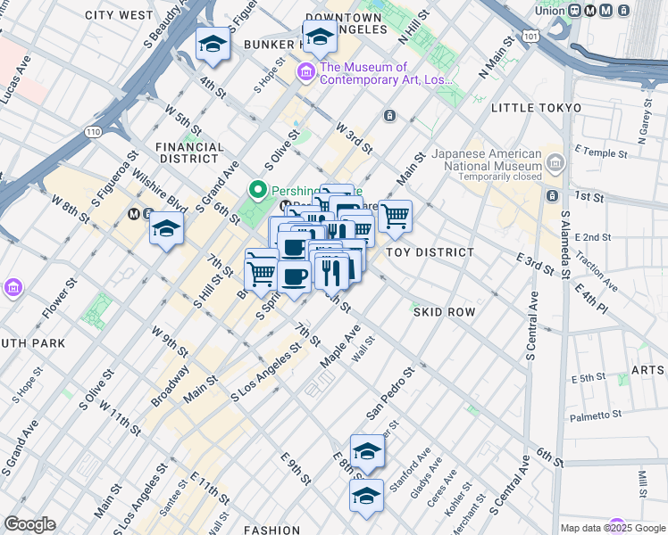 map of restaurants, bars, coffee shops, grocery stores, and more near 556 South Main Street in Los Angeles