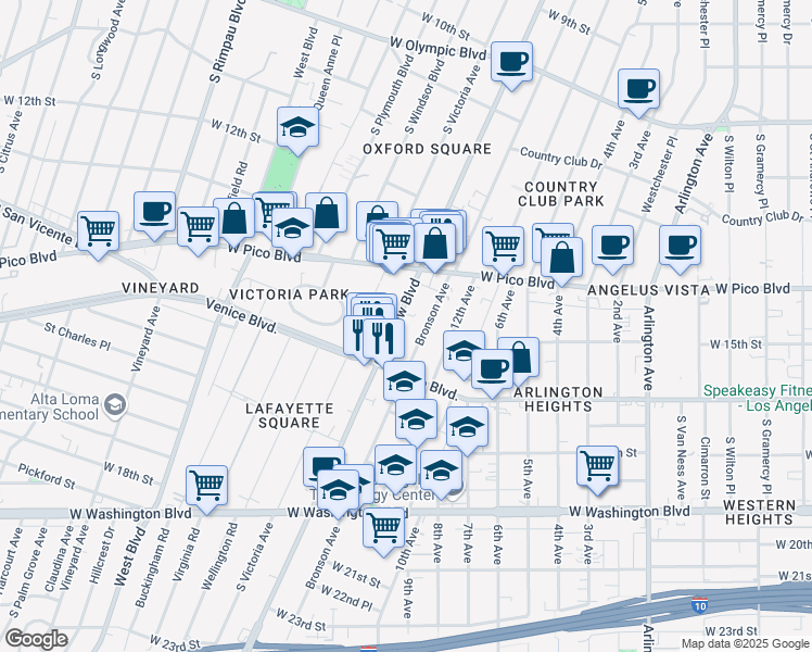 map of restaurants, bars, coffee shops, grocery stores, and more near 1424 Crenshaw Boulevard in Los Angeles