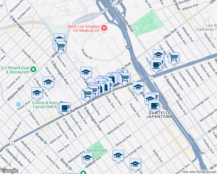 map of restaurants, bars, coffee shops, grocery stores, and more near 11425 Santa Monica Boulevard in Los Angeles