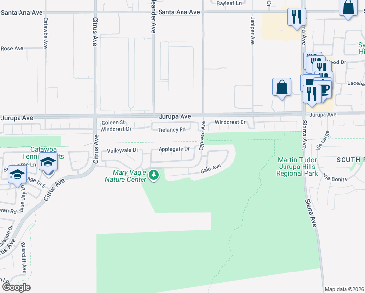 map of restaurants, bars, coffee shops, grocery stores, and more near 16442 Applegate Drive in Fontana