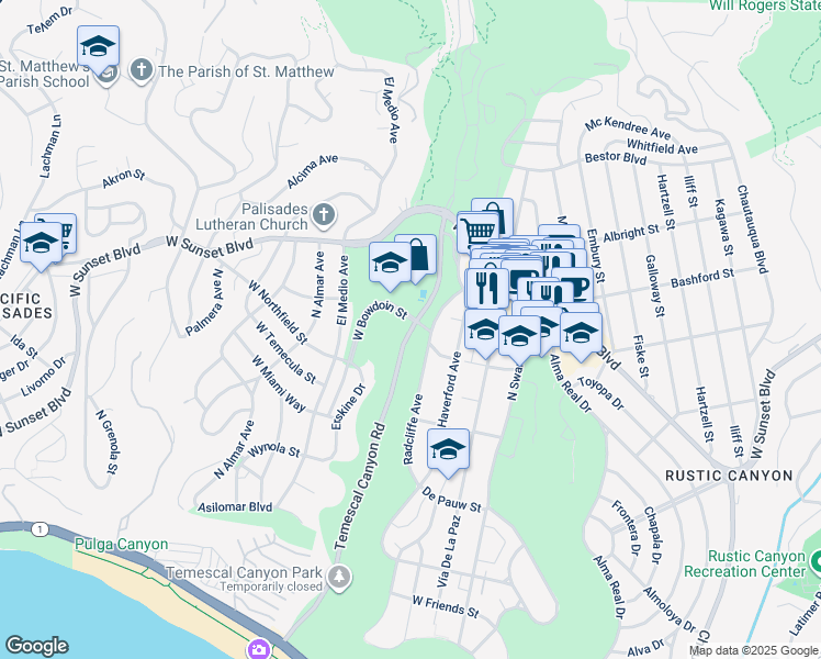 map of restaurants, bars, coffee shops, grocery stores, and more near Temescal Canyon Road in Los Angeles