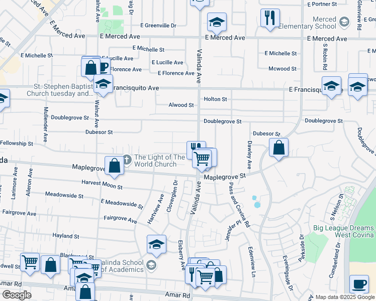 map of restaurants, bars, coffee shops, grocery stores, and more near 16322 Fellowship Street in La Puente