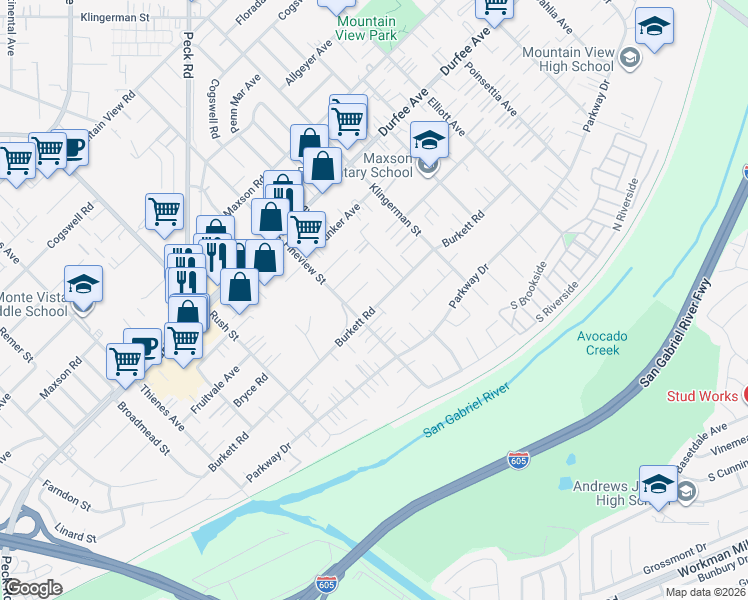 map of restaurants, bars, coffee shops, grocery stores, and more near 2227 Burkett Road in El Monte