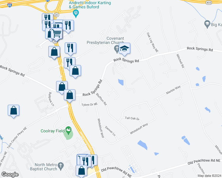 map of restaurants, bars, coffee shops, grocery stores, and more near 2654 Winslow Ridge Drive Northeast in Buford