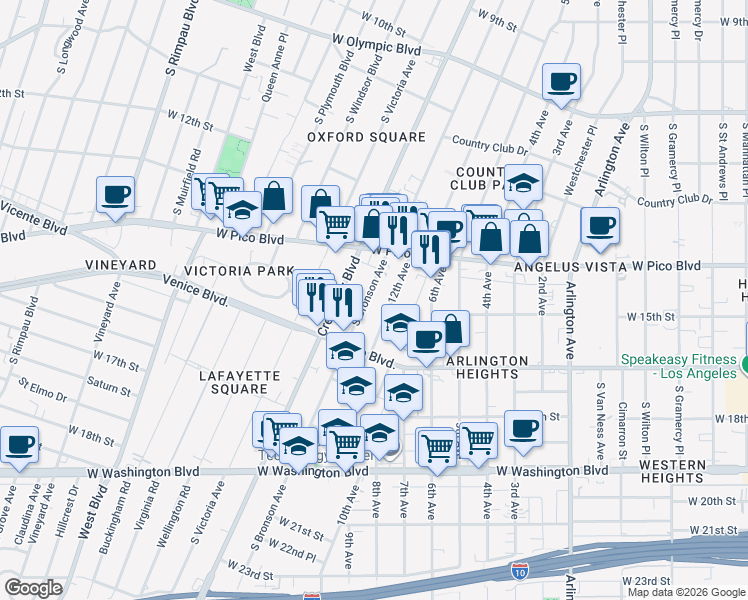 map of restaurants, bars, coffee shops, grocery stores, and more near 1414 Bronson Avenue in Los Angeles