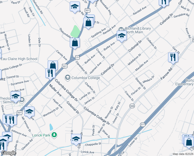map of restaurants, bars, coffee shops, grocery stores, and more near 1600 Charles Street in Columbia