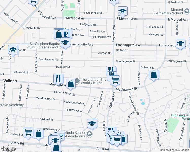 map of restaurants, bars, coffee shops, grocery stores, and more near 16241 Fellowship Street in La Puente