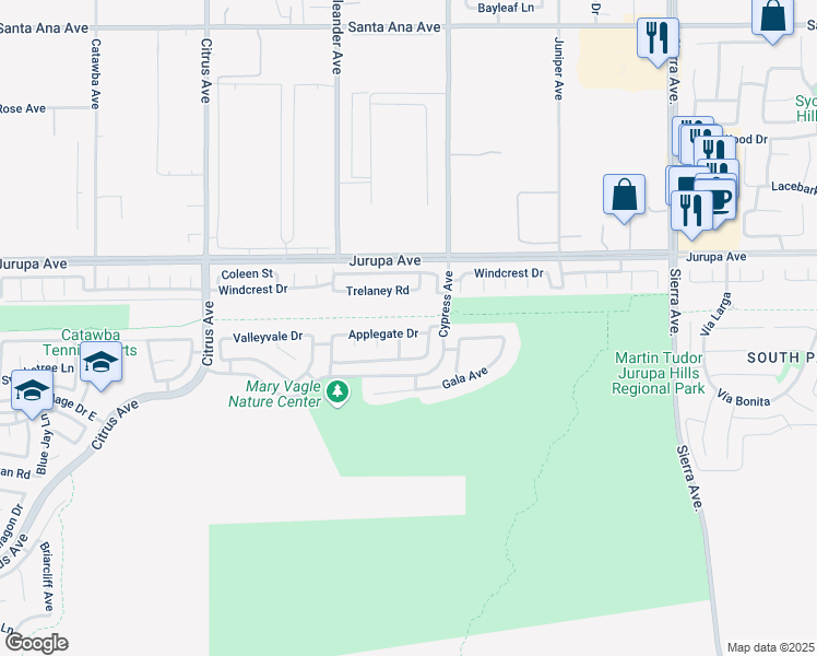 map of restaurants, bars, coffee shops, grocery stores, and more near 16471 Applegate Drive in Fontana