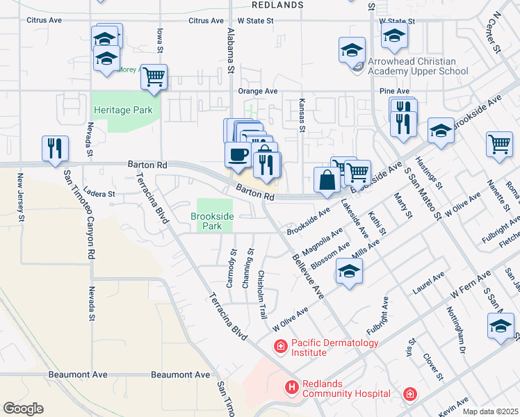 map of restaurants, bars, coffee shops, grocery stores, and more near 6 Bellevue Avenue in Redlands
