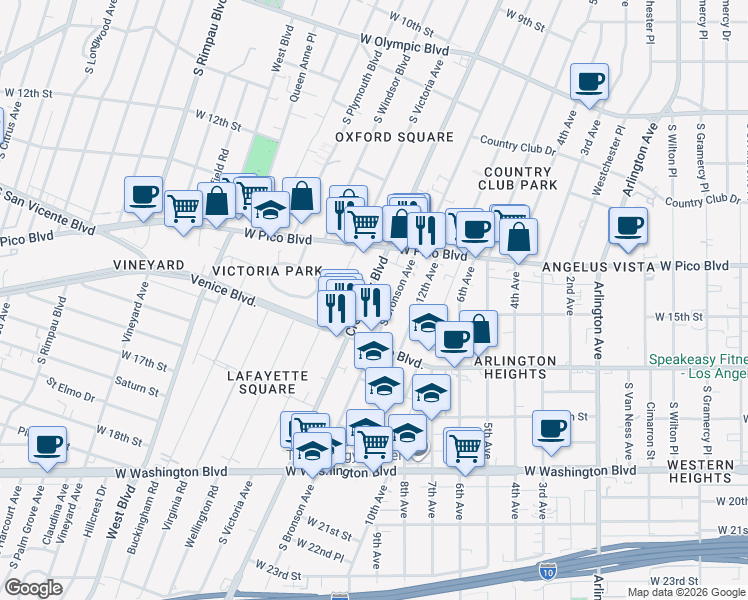 map of restaurants, bars, coffee shops, grocery stores, and more near 1424 Crenshaw Boulevard in Los Angeles