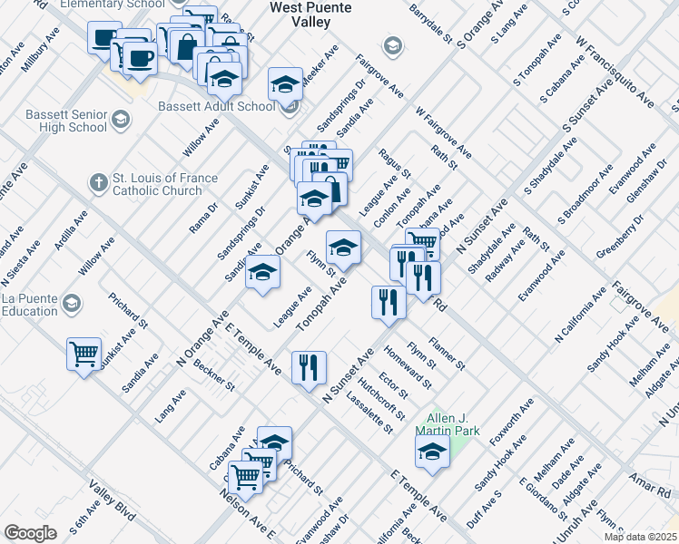 map of restaurants, bars, coffee shops, grocery stores, and more near 14421 Flynn Street in La Puente