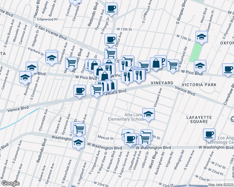 map of restaurants, bars, coffee shops, grocery stores, and more near 1641 South Longwood Avenue in Los Angeles
