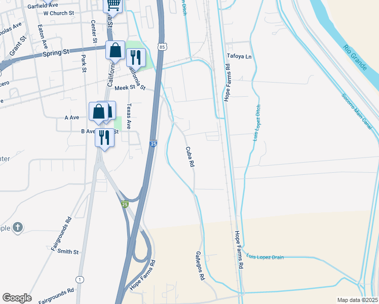 map of restaurants, bars, coffee shops, grocery stores, and more near 1107 Cuba Road in Socorro