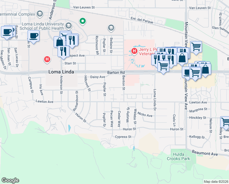map of restaurants, bars, coffee shops, grocery stores, and more near 25244 Lawton Avenue in Loma Linda