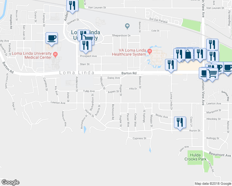map of restaurants, bars, coffee shops, grocery stores, and more near 11467 Poplar Street in Loma Linda
