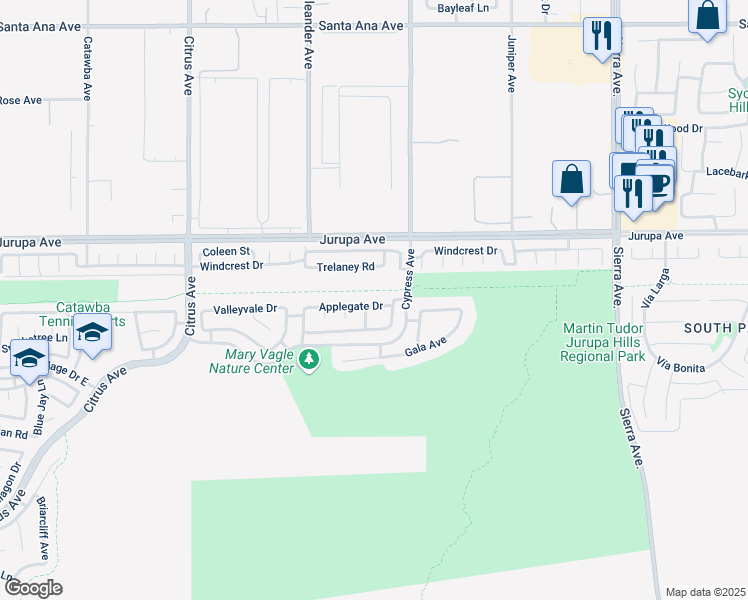 map of restaurants, bars, coffee shops, grocery stores, and more near 16471 Applegate Drive in Fontana