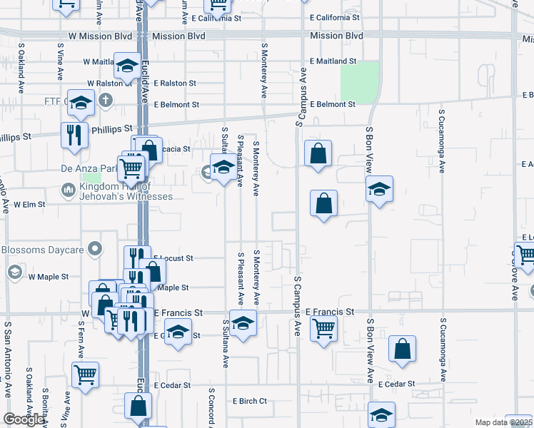 map of restaurants, bars, coffee shops, grocery stores, and more near 605 East Elm Street in Ontario