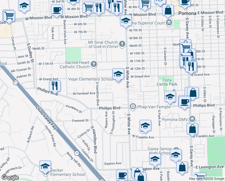 map of restaurants, bars, coffee shops, grocery stores, and more near 1415 South Huntington Street in Pomona