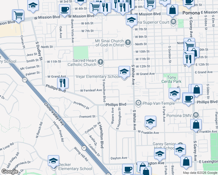 map of restaurants, bars, coffee shops, grocery stores, and more near 1076 West Fernleaf Avenue in Pomona