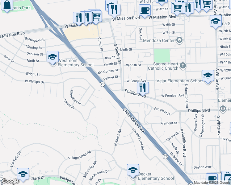 map of restaurants, bars, coffee shops, grocery stores, and more near 1564 West Phillips Boulevard in Pomona