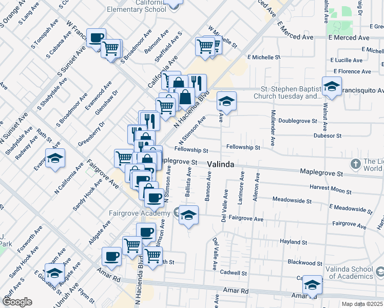 map of restaurants, bars, coffee shops, grocery stores, and more near 15621 Maplegrove Street in La Puente