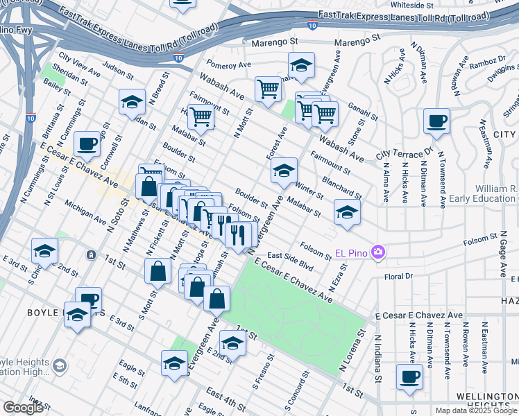 map of restaurants, bars, coffee shops, grocery stores, and more near 2825 Folsom Street in Los Angeles