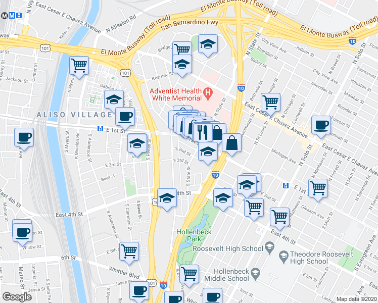 map of restaurants, bars, coffee shops, grocery stores, and more near 207 South State Street in Los Angeles