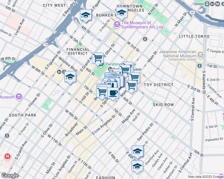 map of restaurants, bars, coffee shops, grocery stores, and more near 634 South Spring Street in Los Angeles