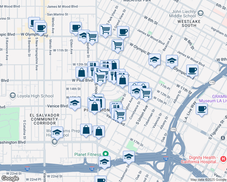 map of restaurants, bars, coffee shops, grocery stores, and more near 1340 South Westlake Avenue in Los Angeles
