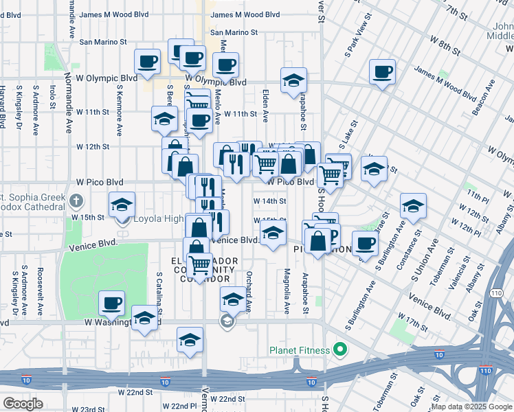 map of restaurants, bars, coffee shops, grocery stores, and more near 1418 Orchard Avenue in Los Angeles