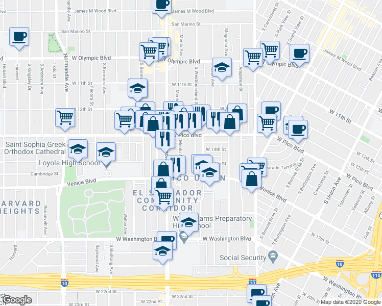 map of restaurants, bars, coffee shops, grocery stores, and more near 1414 Menlo Avenue in Los Angeles