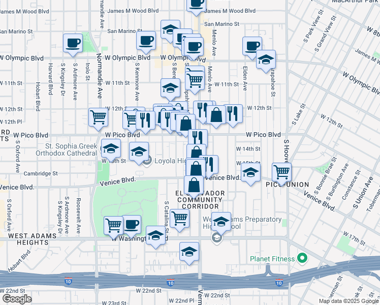 map of restaurants, bars, coffee shops, grocery stores, and more near 1424 South Berendo Street in Los Angeles