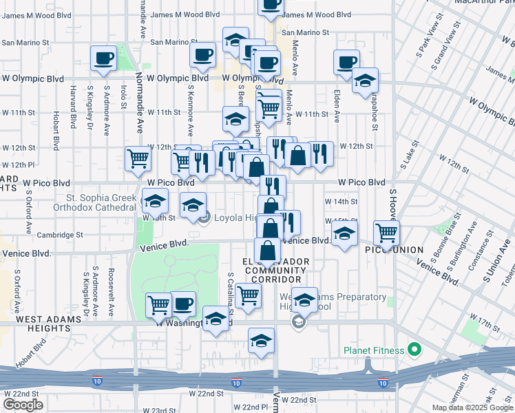 map of restaurants, bars, coffee shops, grocery stores, and more near 1424 South Berendo Street in Los Angeles
