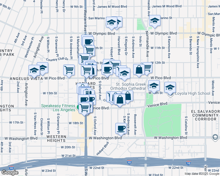 map of restaurants, bars, coffee shops, grocery stores, and more near 1438 South Hobart Boulevard in Los Angeles