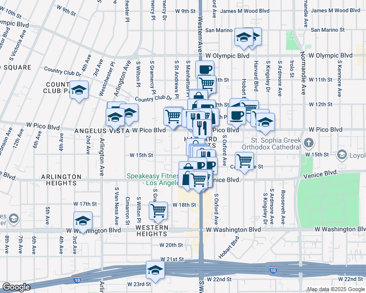 map of restaurants, bars, coffee shops, grocery stores, and more near 1422 South Saint Andrews Place in Los Angeles