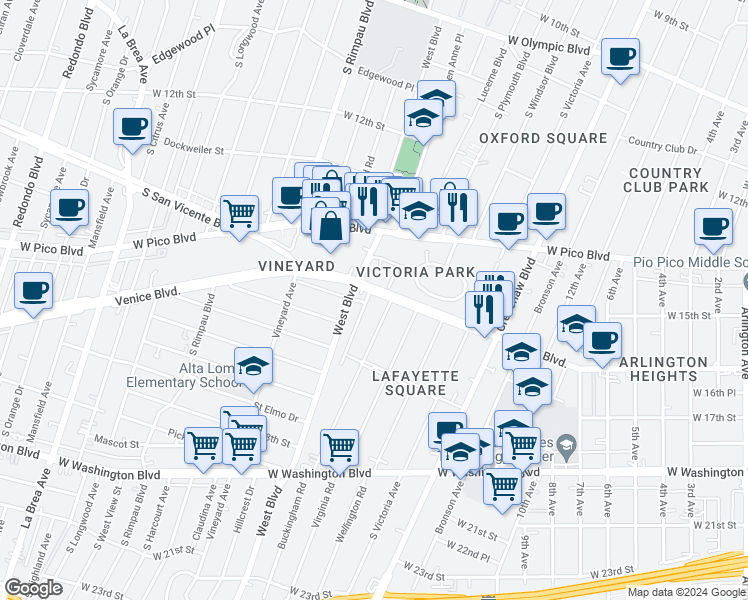 map of restaurants, bars, coffee shops, grocery stores, and more near 1621 Buckingham Road in Los Angeles