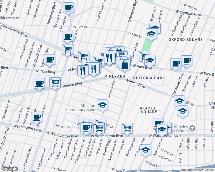 map of restaurants, bars, coffee shops, grocery stores, and more near 4603 Saint Charles Place in Los Angeles
