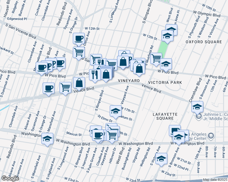 map of restaurants, bars, coffee shops, grocery stores, and more near 4703 Saint Charles Place in Los Angeles