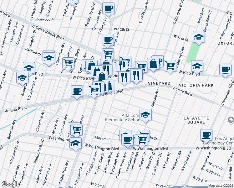 map of restaurants, bars, coffee shops, grocery stores, and more near 4843 West 17th Street in Los Angeles