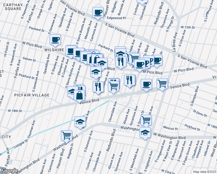map of restaurants, bars, coffee shops, grocery stores, and more near 1528 South Dunsmuir Avenue in Los Angeles