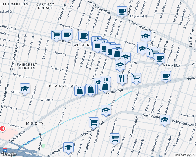 map of restaurants, bars, coffee shops, grocery stores, and more near 1570 Carmona Avenue in Los Angeles