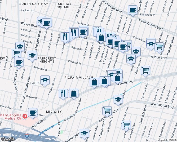 map of restaurants, bars, coffee shops, grocery stores, and more near 1642 South Spaulding Avenue in Los Angeles