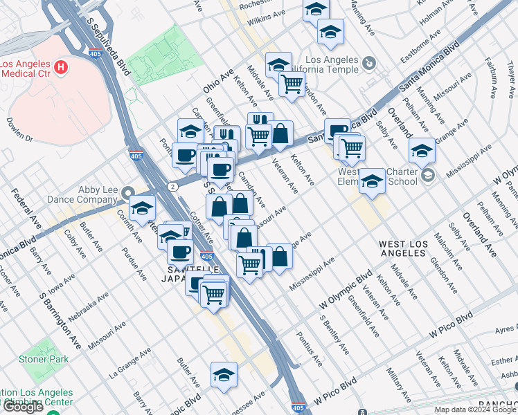 map of restaurants, bars, coffee shops, grocery stores, and more near 1865 Camden Avenue in Los Angeles