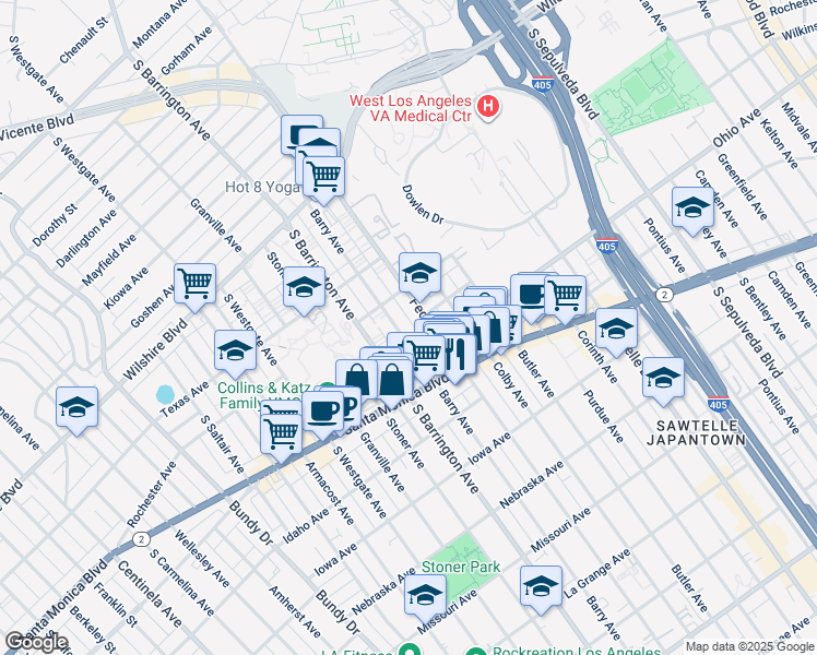 map of restaurants, bars, coffee shops, grocery stores, and more near 1443 Barry Avenue in Los Angeles