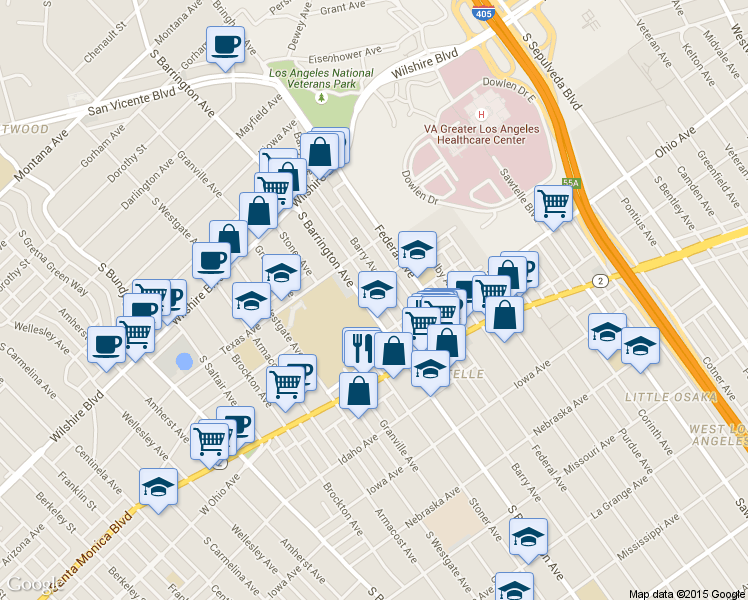 map of restaurants, bars, coffee shops, grocery stores, and more near 1422 South Barrington Avenue in Los Angeles
