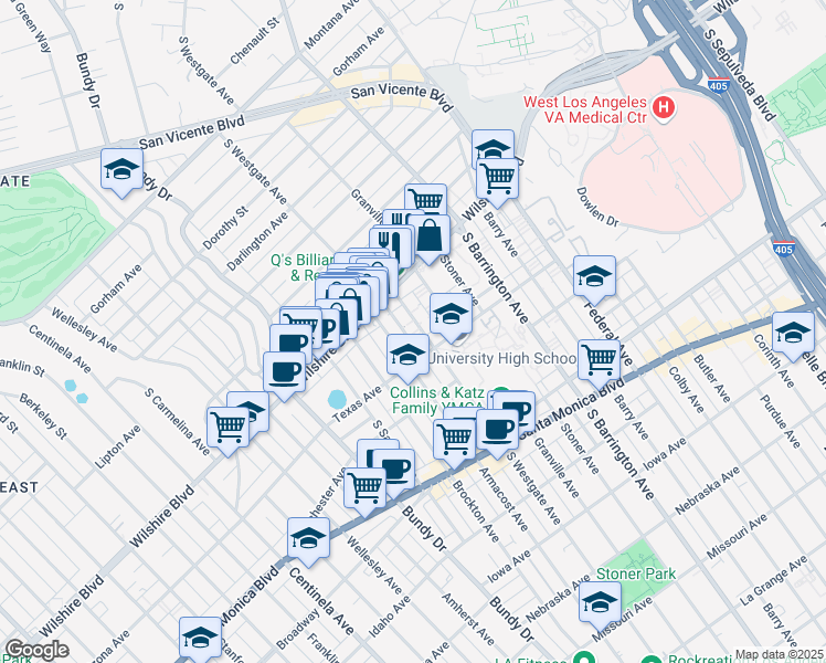 map of restaurants, bars, coffee shops, grocery stores, and more near 11861 Texas Avenue in Los Angeles