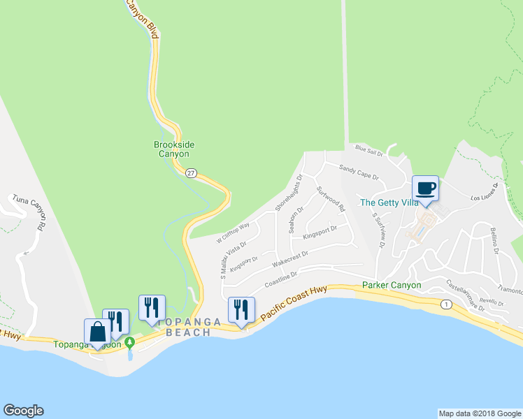 map of restaurants, bars, coffee shops, grocery stores, and more near 18326 West Clifftop Way in Malibu