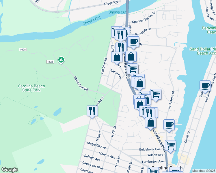 map of restaurants, bars, coffee shops, grocery stores, and more near Dow Road North in Carolina Beach