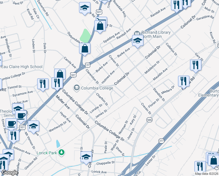 map of restaurants, bars, coffee shops, grocery stores, and more near 1600 Charles Street in Columbia